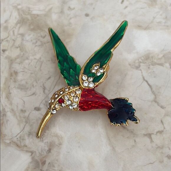 Vintage Hummingbird Brooch Gold-tone, Enamel & Rhinestones - Picture 1 of 7